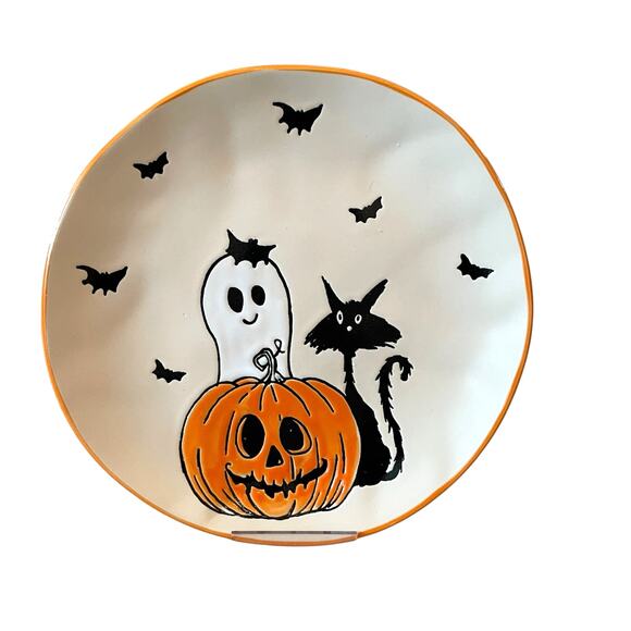 ELI & ANA Halloween Salad Plates 8in Black Cat Bats Ghost Pumpkin Set of 2 New - Picture 1 of 11